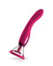 A bright pink, curved Jimmyjane Apex Double Ended Licking, Sucking G-Spot Vibrator designed for g-spot stimulation, with a transparent handle, showcased on a white background.