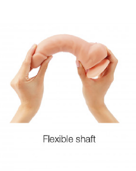 Demonstration of the bending capability of a Lovely Planet Sliding Skin Realistic XX-Large 8.25 Inch Vanilla Silicone Dildo with Suction Cup with two hands.