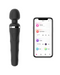 A Bluetooth compatible Lovense Domi 2 wand vibrator next to a smartphone displaying the Lovense control app with various settings and functionalities.