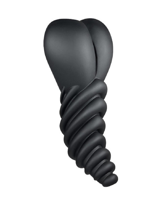 A Bananapants black light bulb with a stylized, twisted design that mimics the look of a screw and includes a Luvgrind Soft Silicone Stroker, Grinder and Dildo Base.