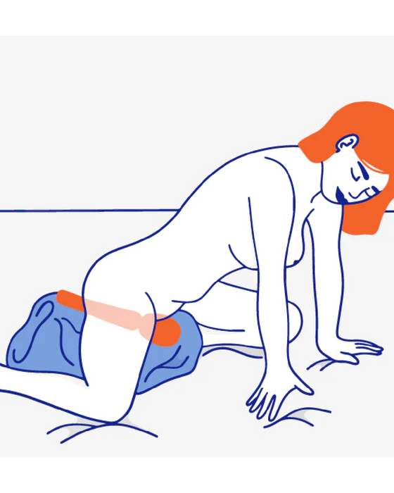 Illustration of a person on all fours, performing an exercise or stretching on a mat with a focus on the buttock muscles for potential strengthening or rehabilitation purposes, incorporating deep reaching vibrations from a Fun Factory Vim Silicone Weighted Rumbly Wand Vibrator - Orange.