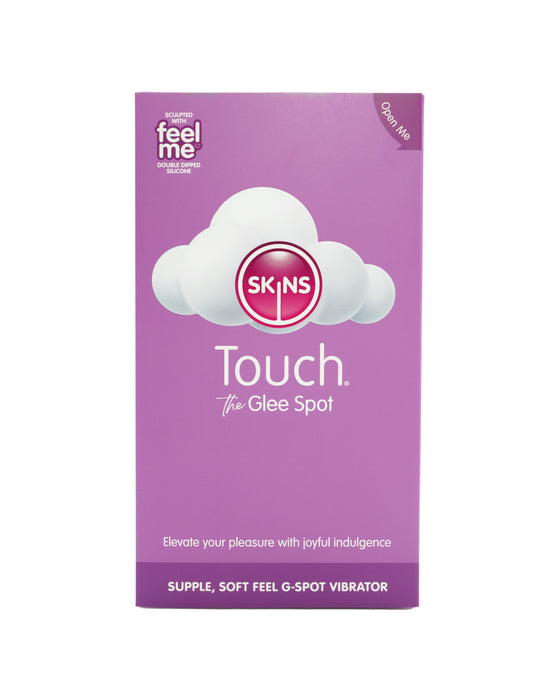 Product packaging of a Creative Conceptions Glee Spot Ultra Soft First Time Flexible Silicone Vibrator - Purple featuring a minimalist purple and white design, with text detailing the product's pleasurable features.