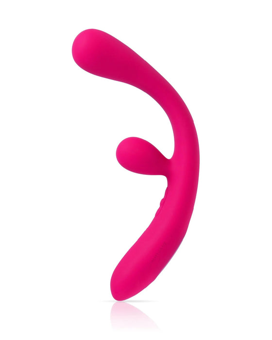 A vibrant pink, curved silicone Jimmyjane Reflexx Rabbit 3 First Time Slim Flexible Warming vibrator designed for adult use, isolated on a white background.