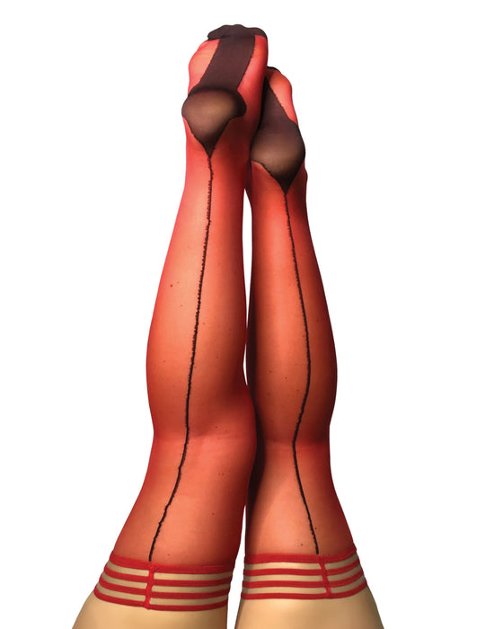 Kix'ies Monica Red Sheer with Black Back Seam Thigh Highs (sizes A-D)