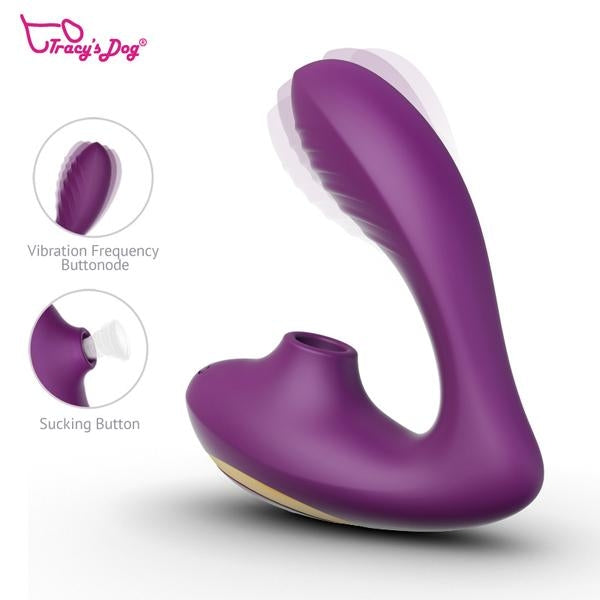 The Tracy's Dog OG Clitoral Sucking G-Spot Vibrator features a curved design, textured tip, and round suction opening for dual stimulation. Insets highlight the Vibration Frequency Buttonode and Sucking Button. Logo is in the top left corner.
