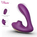 The Tracy's Dog OG Clitoral Sucking G-Spot Vibrator features a curved design, textured tip, and round suction opening for dual stimulation. Insets highlight the Vibration Frequency Buttonode and Sucking Button. Logo is in the top left corner.