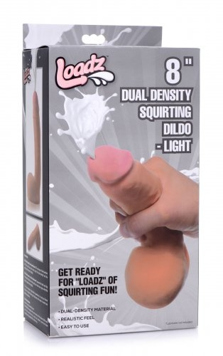 A product box for the Loadz Squirting 7 Inch Vanilla Tone Dildo - Squeeze and Squirt features an image of the realistic dildo, highlighting its lifelike feel, premium dual-density material, and easy squeeze-and-squirt action.