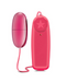 A red oval-shaped electronic device for clitoral stimulation, connected by a red cord to a rectangular red controller with a star imprint and an on/off switch. This multispeed bullet, the B Yours First Time Wired Remote Control Power Bullet Vibrator - Red by Blush, features an LED indicator light.