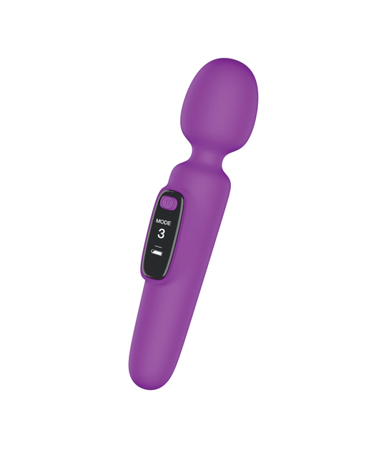 A purple handheld massager made of body-safe silicone with a rounded head and control panel displaying "Mode 3" in white text. The sleek Bang! First Time Wand Vibrator with Digital Display - Purple by XR Brands is angled slightly to the right on a plain white background.