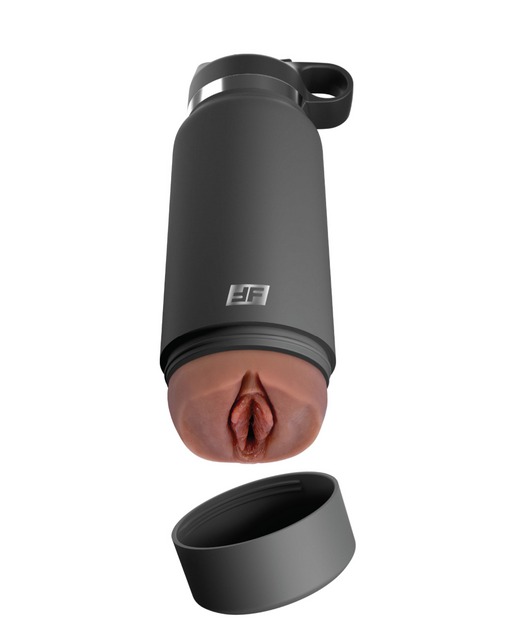 A gray water bottle with a removable base cap that reveals a discreet stroker designed to resemble female genitalia inside the bottle. The cap is detached and placed in front, while the main bottle stands vertically upside down, featuring a lifelike pussy masturbator crafted from Fanta Flesh material. Introducing the Fuck Flask Pussy Stroker Disguised as a Water Bottle - Chocolate by Pipedream Products.