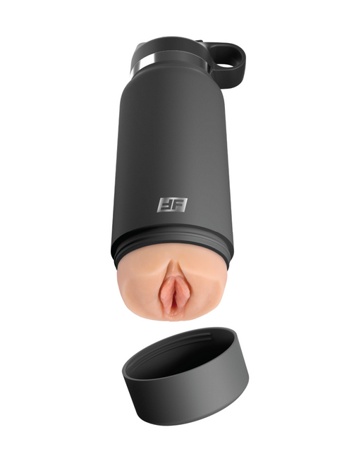 A sleek black Fuck Flask Pussy Stroker Disguised as a Water Bottle - Vanilla by Pipedream Products with a handle, partially opened to reveal a flesh-colored insert with a realistic pussy design. The container's cap is detached and placed below.