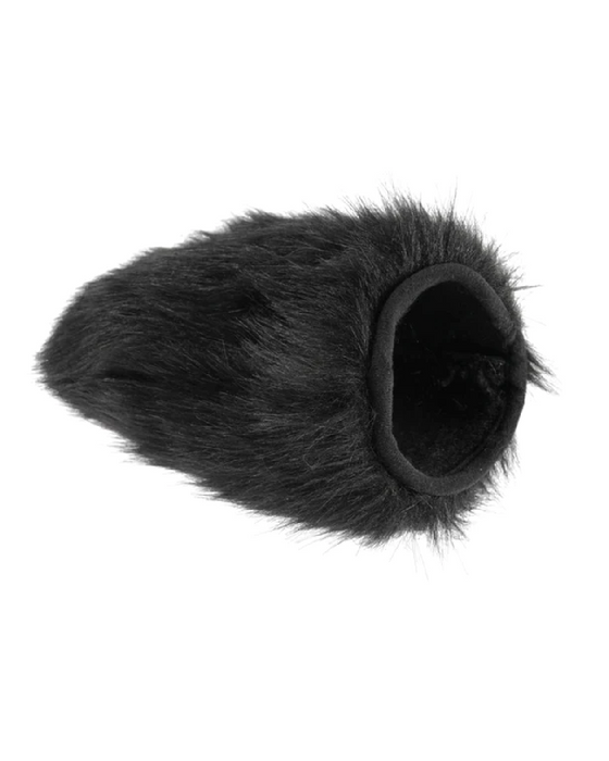 A black faux fur Spiked and Furry Black Sensory Mitt displayed against a white background by Sportsheets.