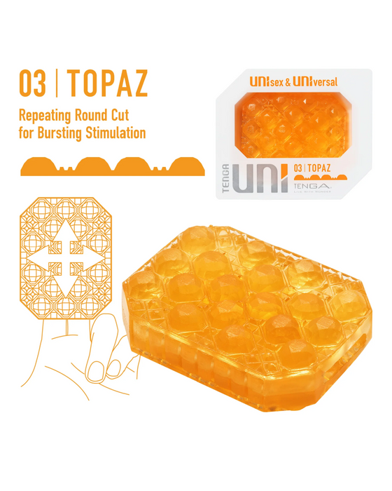 An infographic of a Tenga Uni Topaz Textured Finger Sleeve for Stroking and Clit Massage, featuring a geometric design, a drawing of a hand holding the textured stroker, and packaging labeled "03 | topaz unisex & universal" by Tenga.