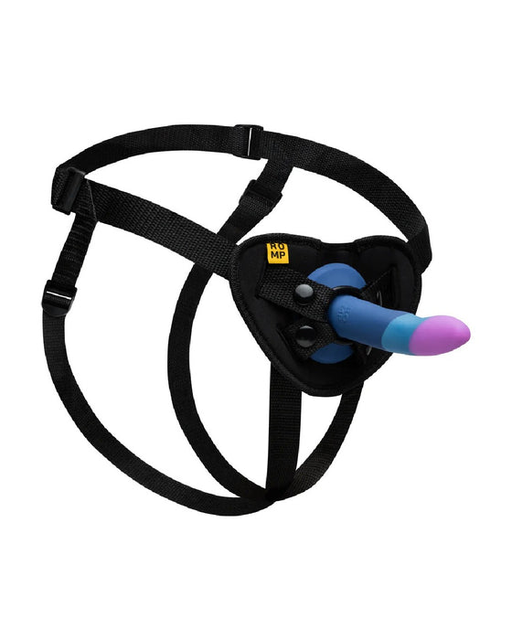 A black Lovehoney strap-on harness with a Romp Piccolo dildo attached, isolated on a white background.
