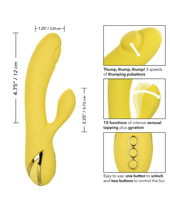 Product diagram of a yellow CalExotics California Dreaming San Diego Seduction G-Spot Thumping Rabbit Vibrator with various features including thumping pulsations, different intensity functions, and user-friendly controls for enhanced g-spot sensations and clitoral stimulation.