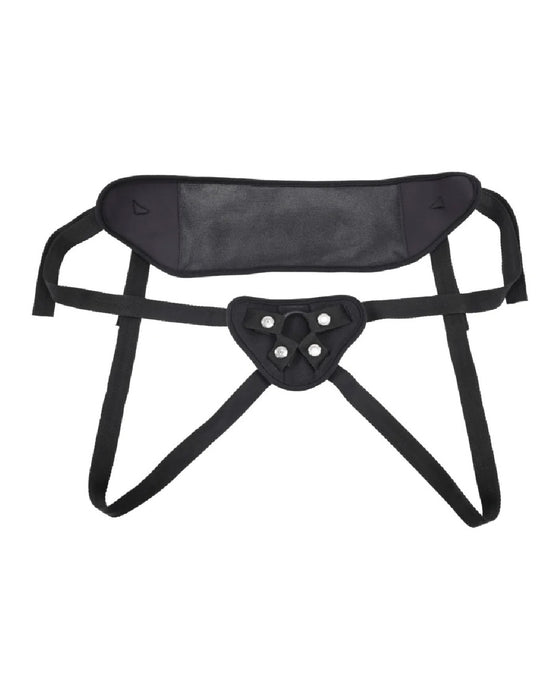 Black Breathable High Waisted Adjustable Strap On Harness by Sportsheets, isolated on a white background.