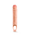 A realistic Performance Plus 11.5 Inch Silicone Penis Extender by Blush designed to imitate a human penis, featuring pronounced textural details and a hole at the base, isolated on a white background.