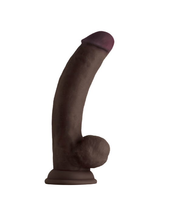 Shaft 9.5 Inch Flexskin Curved Silicone Dildo with Balls - Chocolate