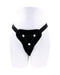Black Sportsheets Hidden Pocket Strap On With Remote Control Vibrator with an adjustable harness on a white mannequin torso.