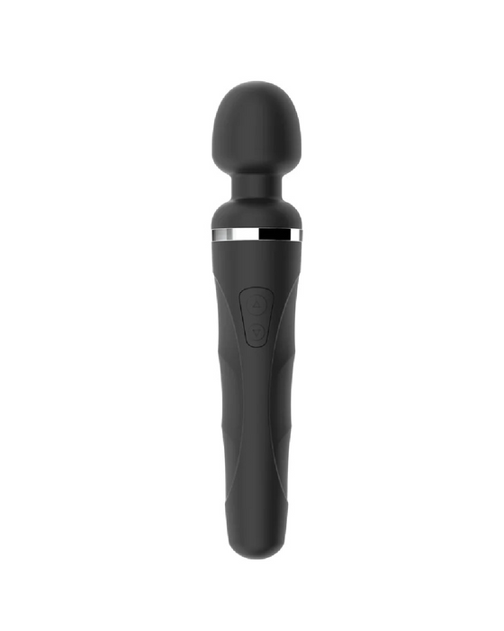 A handheld black Lovense Domi 2 Powerful App Controlled Wand Vibrator with an ergonomic design and a round massage head.