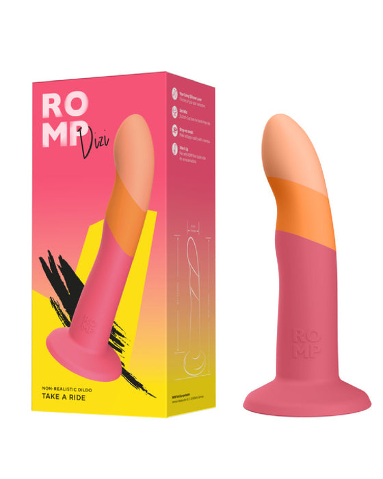 Colorful product packaging and design for a Lovehoney Romp Dizi Ultra Smooth 7 Inch Dildo With Suction Cup adult toy, boasting g-spot stimulation functionality.