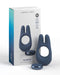 Image of a Pipedream Products Jimmyjane Deimos Dual Motor Vibrating Cock Ring for Couples, featuring a USB-rechargeable, vibrating silicone c-ring displayed next to its packaging. The product and box are in shades of blue and