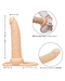 An illustrated CalExotics product guide showcasing the dimensions, features, and design of a Performance Maxx Double Penetration Vibrating Dildo - Ivory with built-in support for anal exploration.