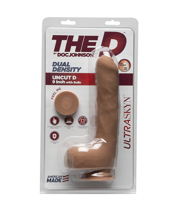 The D Uncut 9 Inch Ultraskyn Dildo with Balls - Caramel