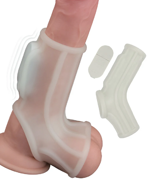 A translucent, ergonomically designed Nasstoys Power Sleeve Sleek Fit Vibrating Penis Enhancer - White is shown placed over a dildo, mimicking a human penis. The sleeve features a compartment for a vibrating bullet, with an extra example of the sleeve and the bullet displayed separately to the side.