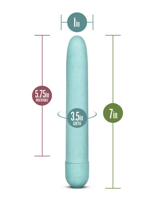 Diagram showcasing a Gaia Biodegradable, Recyclable Eco Vibrator - Blue with dimensions: 1 inch in diameter, 5.75 inches insertable length, 3.5 inches in girth, and a total length of 
Brand Name: Blush