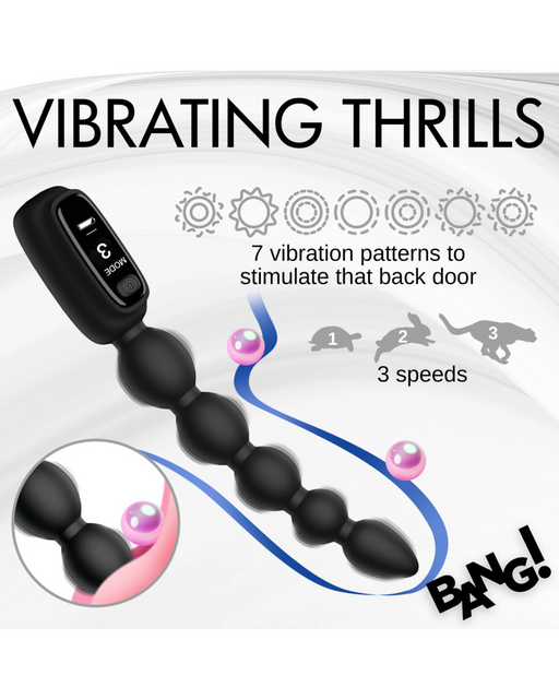 Close-up of a black **Bang! Silicone Vibrating Anal Beads with Digital Display - Black** sex toy crafted from premium silicone, featuring a digital display. Text: "Vibrating Thrills" and "7 vibration patterns to stimulate that back door, 3 speeds." The toy has a curved, beaded design and an inset showing its texture. Background has a swirl design with "**XR Brands**" in the bottom right corner.