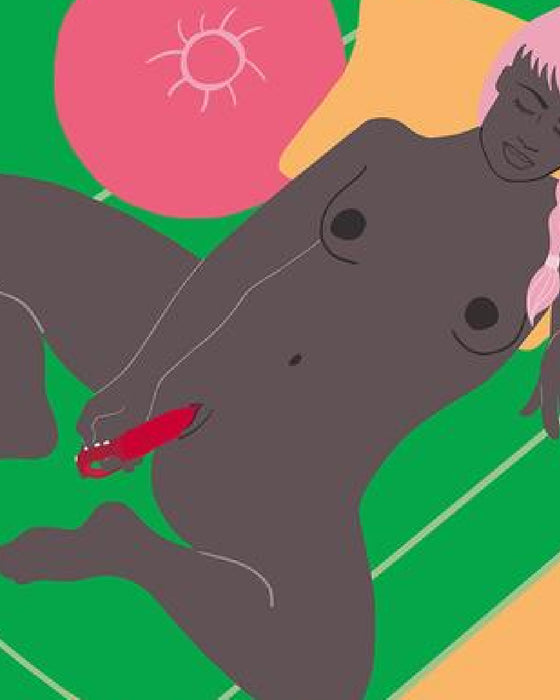 A stylized depiction of a person sunbathing, with vibrant colors and an abstract, Fun Factory Big Boss Thick Vibrator - Black Line technology-inspired sun design in the background.