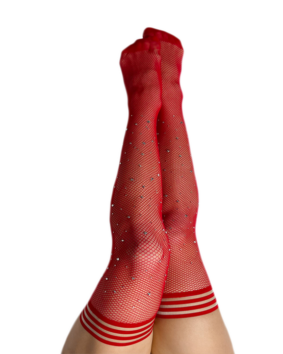 Kix'ies Joely Red Fishnet with Rhinestones Thigh Highs (sizes A-D)