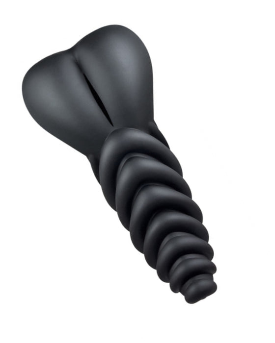 A black spiral Bananapants Luvgrind Soft Silicone Stroker, Grinder and Dildo Base with a tapered end on a white background.