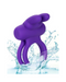 A CalExotics Dual Rockin Purple Rabbit Vibrating Couples Cock Ring splashing into the water, creating a dynamic and refreshing image.