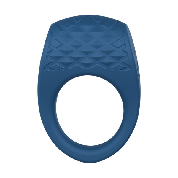 The Flex Pro Vibrating Silicone Couples' Ring is a blue silicone ring with a flat, textured diamond-patterned top and a smooth circular opening, offering added comfort and firmer erections.