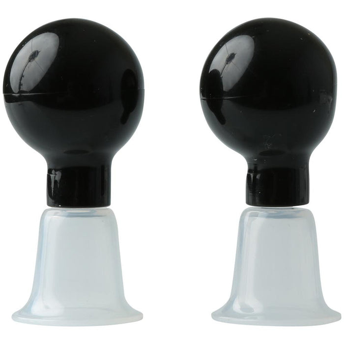 Two identical Sex & Mischief Nipple Suckers with black rubber bulbs and clear plastic nozzles, featuring adjustable suction, stand upright on a white background.