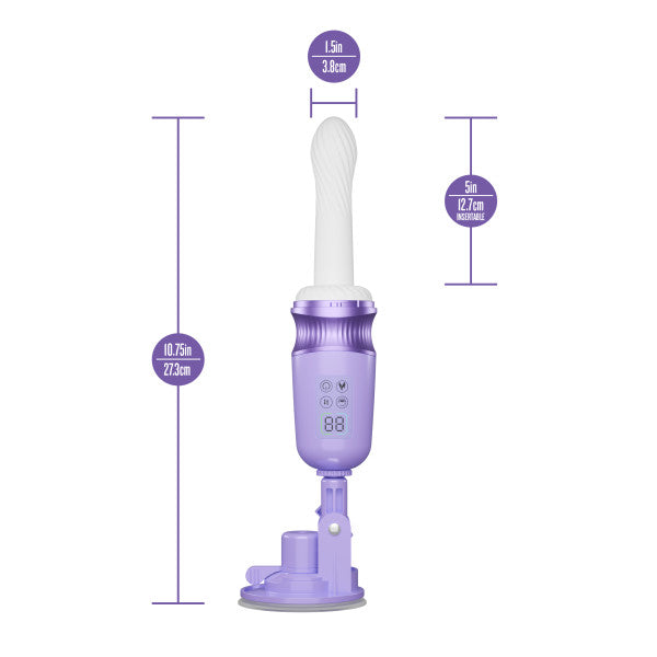 The Violet Vixen Warming Thrusting Vibrator with Suction Mount, made of liquid silicone in purple, is shown upright with digital controls. Measurements: 10.75" high, 1.5" diameter, and 5" insertable length.