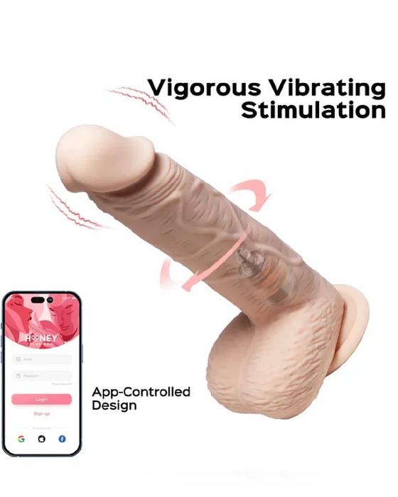 Image of a Paxton Powerful Vibrating Rotating 8.5" Realistic App Controlled Dildo by Honey Play Box with the text "vigorous vibrating stimulation" and details of an app-controlled design feature. A smartphone showing an app interface is included in the image.