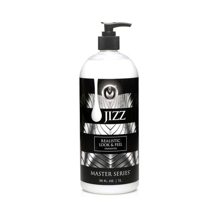 Jizz Ultra Realistic Unscented Cum Lube comes in a 1-liter pump bottle with a black and silver label, droplet graphic, and "Realistic Look & Feel" text. This water-based lube offers a creamy texture for an authentic experience.