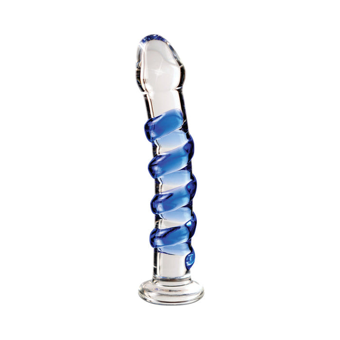 The Icicles No. 5 Blue Spiral Glass 7 Inch Dildo features clear borosilicate glass with a blue spiral design wrapped around the shaft, standing upright on a flat base against a white background.