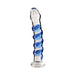 The Icicles No. 5 Blue Spiral Glass 7 Inch Dildo features clear borosilicate glass with a blue spiral design wrapped around the shaft, standing upright on a flat base against a white background.