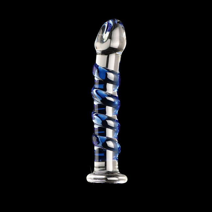 The Icicles No. 5 Blue Spiral Glass 7 Inch Dildo, a clear cylindrical glass toy with a rounded tip and blue spiral design, is displayed against a black background.