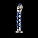 The Icicles No. 5 Blue Spiral Glass 7 Inch Dildo, a clear cylindrical glass toy with a rounded tip and blue spiral design, is displayed against a black background.
