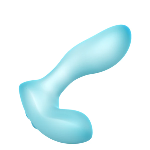 The Softies Dual Stimulation G-Spot Beginner Vibrator is a light blue, curved silicone vibrator with a bulbous end and ergonomic handle, designed for personal use and waterproof. Shown isolated on a white background.