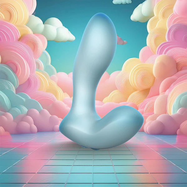 The Softies Dual Stimulation G-Spot Beginner Vibrator, with its shiny, curved abstract blue design, stands on a tiled floor amidst colorful pastel clouds under a bright blue sky.