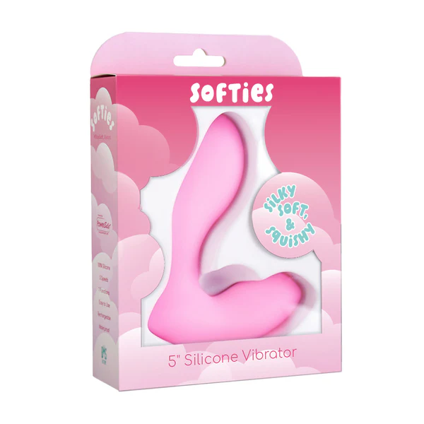 A pink, L-shaped 5" silicone vibrator called "Softies" in pink and white cloud-themed packaging with a label that reads "silky soft & squishy.