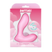 The Softies Dual Stimulation G-Spot Beginner Vibrator, pink and L-shaped, is shown in pink and white packaging labeled "SOFTIES" and "5” Silicone Vibrator," with cloud designs and a "silky soft & squishy" sticker.