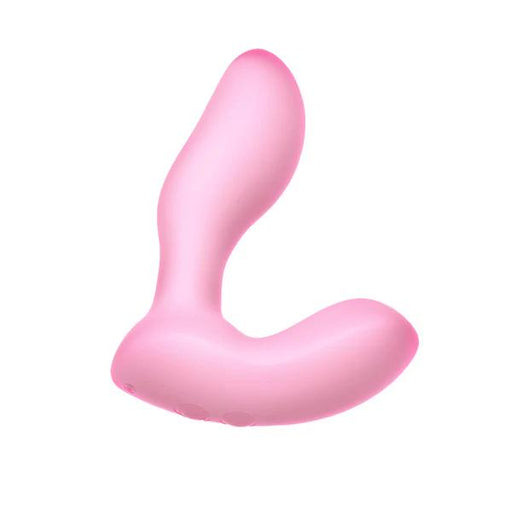 The Softies Dual Stimulation G-Spot Beginner Vibrator is a pink, L-shaped silicone toy with smooth, rounded edges, designed for comfort and pleasure, shown on a white background.