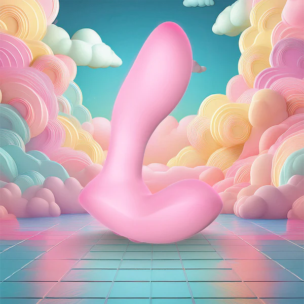 A surreal, pastel scene features fluffy clouds and the Softies Dual Stimulation G-Spot Beginner Vibrator—an abstract pink "L"-shaped silicone toy—standing on a reflective tiled floor beneath a bright sky.